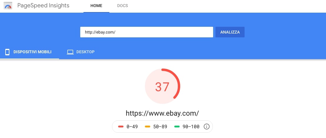 Punteggio Google PageSpeed di Ebay