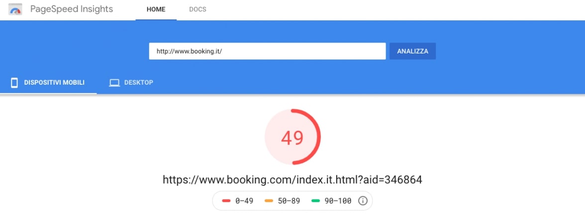 Google PageSpeed esempio Booking