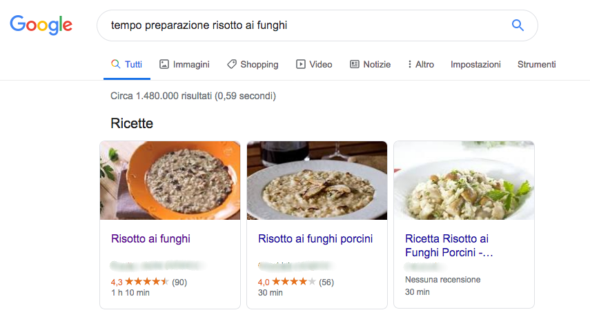 Screenshot Rich Snippet ricette Con Schema Org