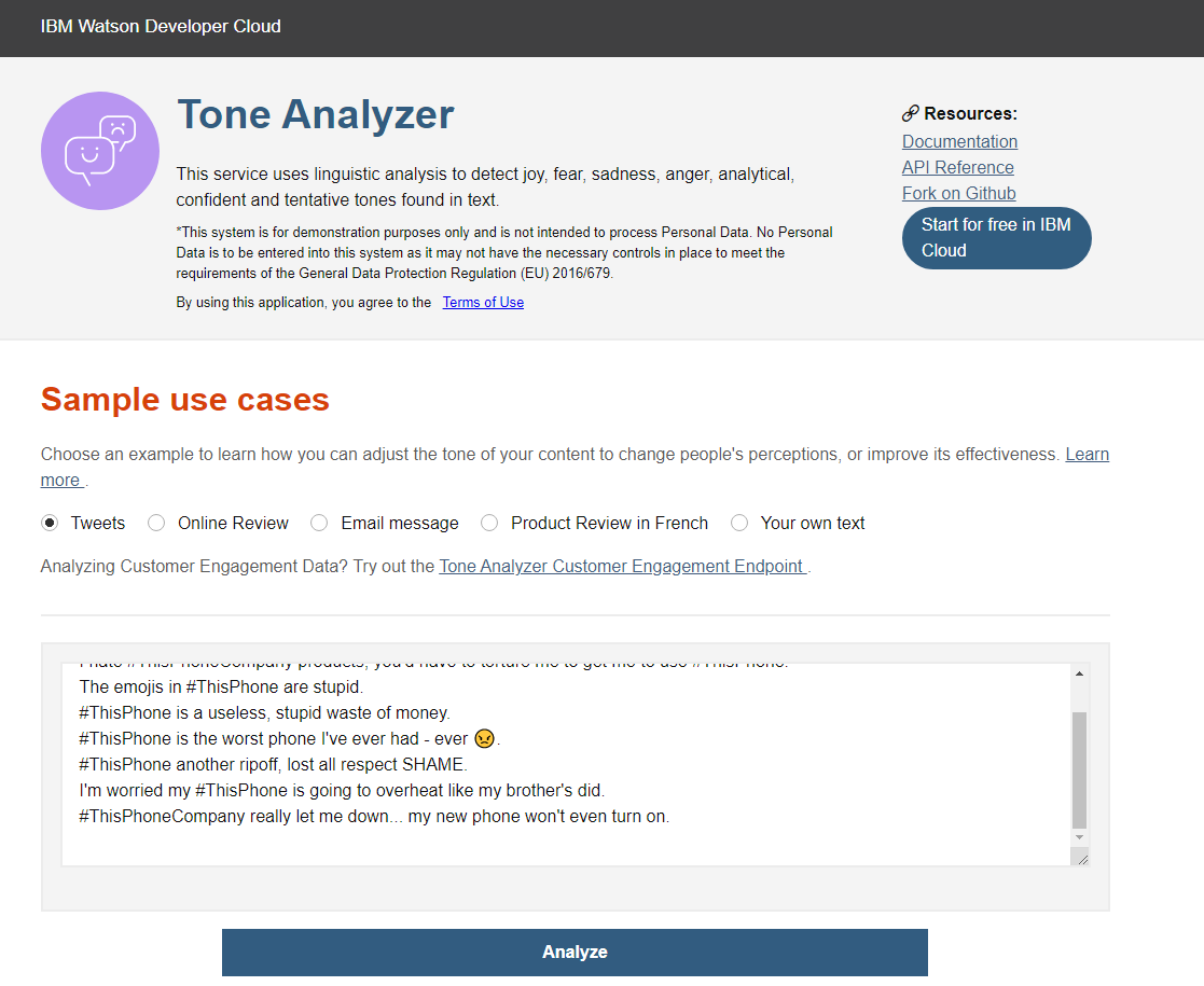 IBM Watson tool per sentiment analysis