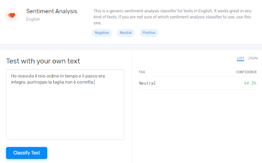 MonkeyLearn tool per sentiment analysis