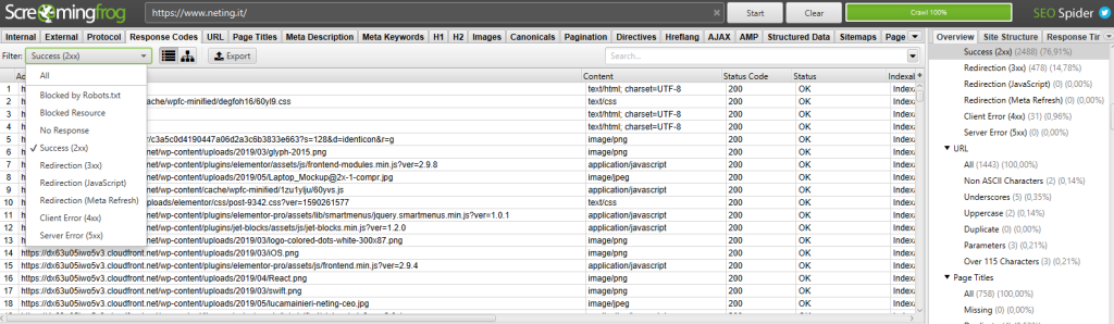 Schermata Screaming Frog Status Code