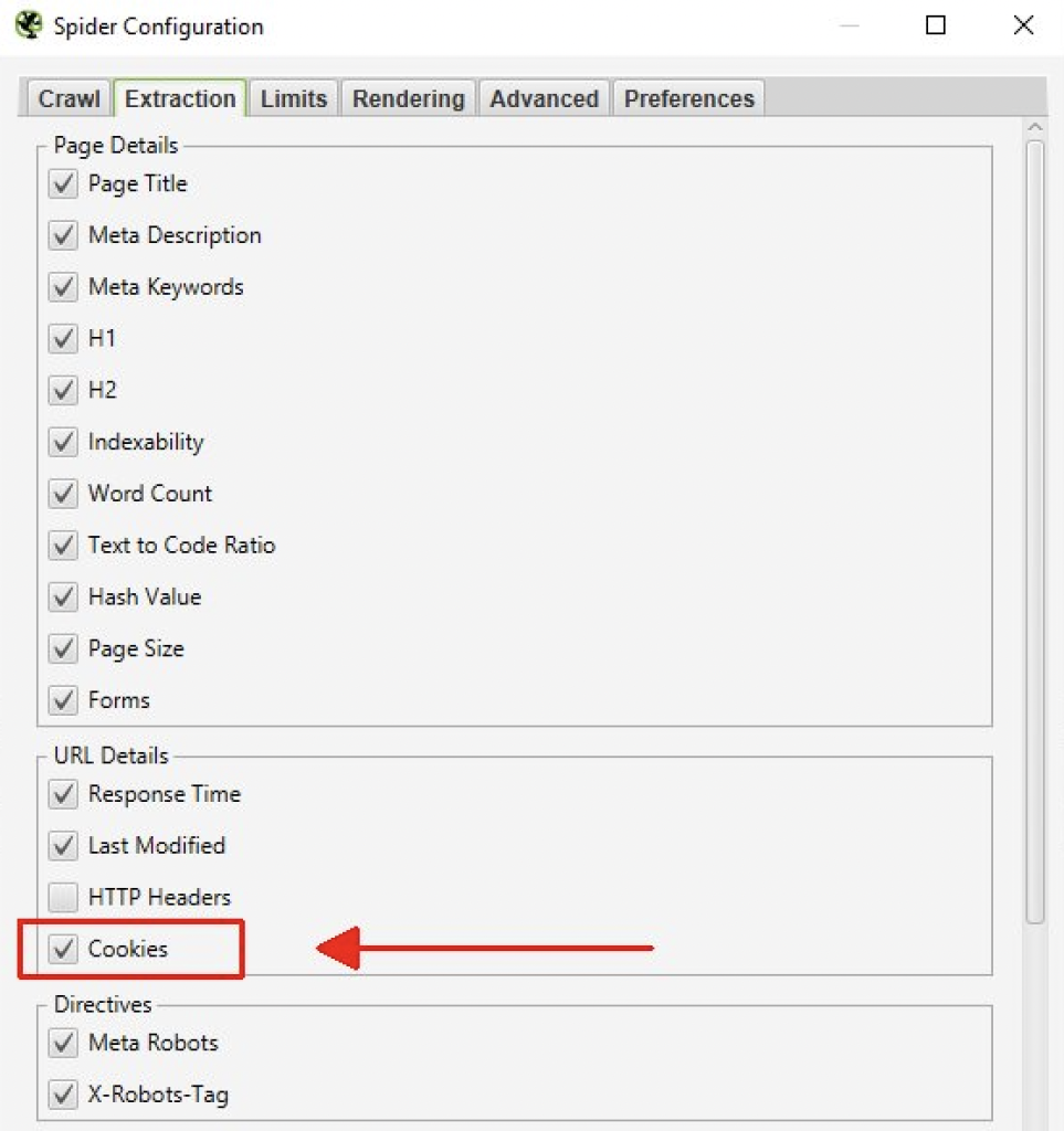 seo spider configuration cookies