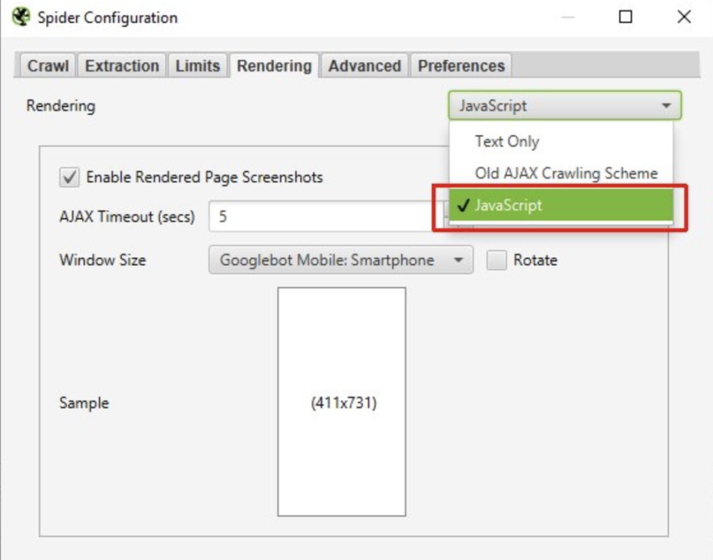 seo spider configuration javascript