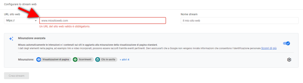 Creare stream su GA4
