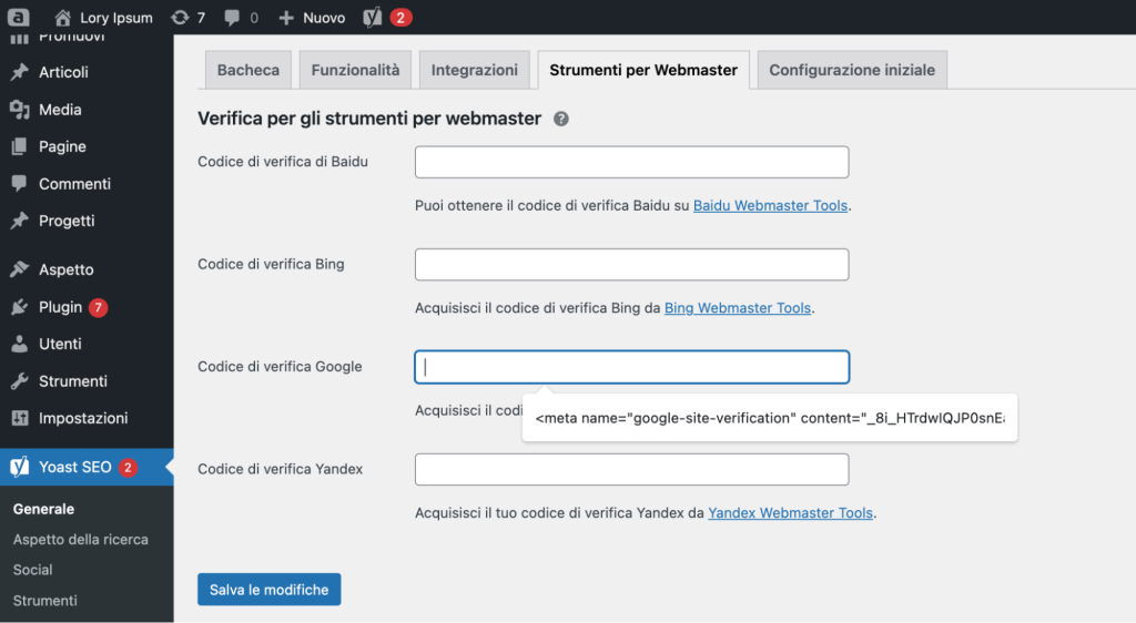 Attivazione di Search Console su WordPress