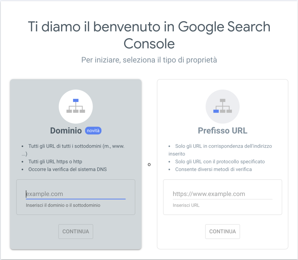 Selezione della Proprietà su Google Search Console