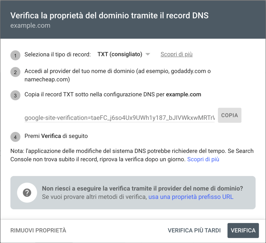 Verifica della Proprietà del Dominio Tramite il record DNS